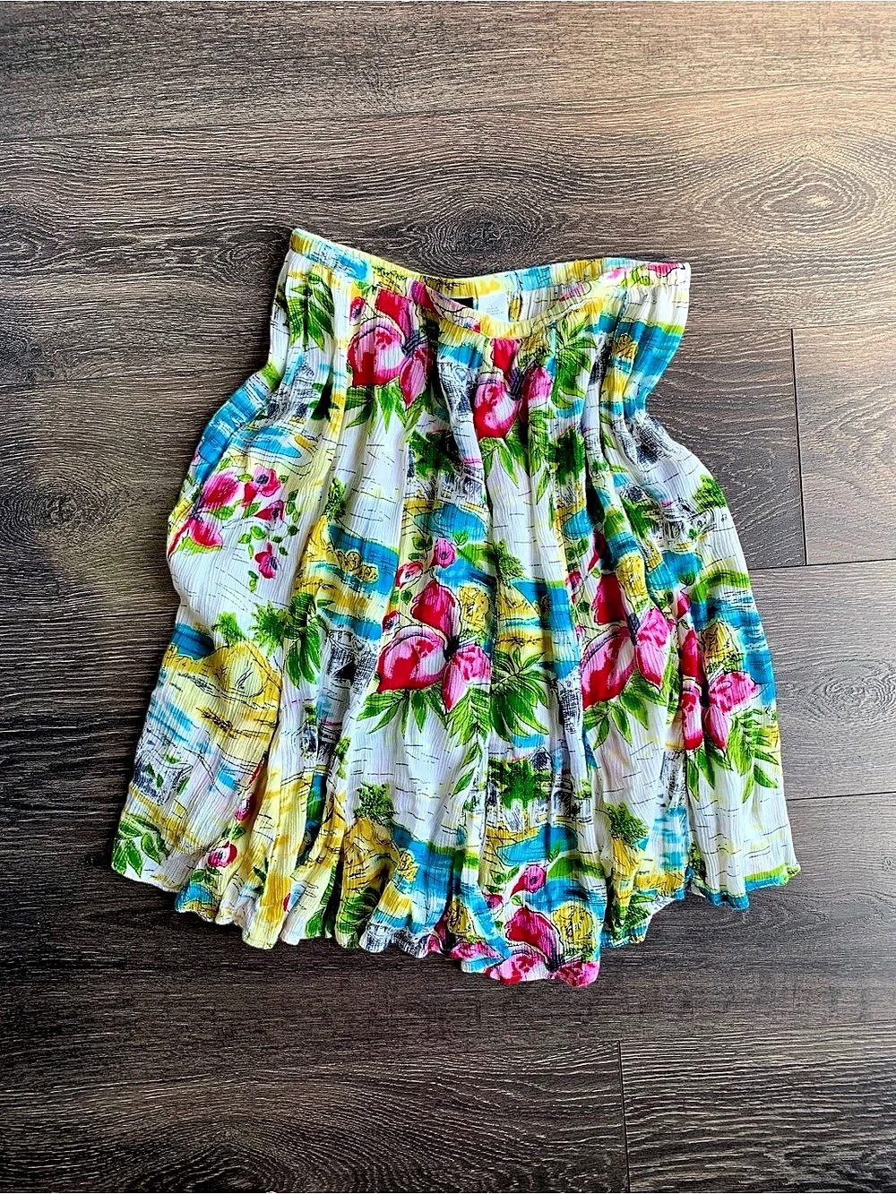 Vintage BILA of California Tropical Postcard Crinkle Gauze Midi Skirt - Size L